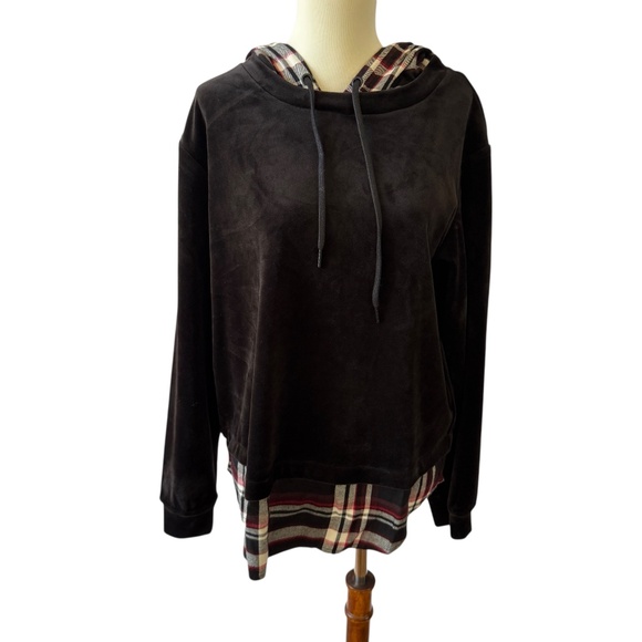 SANCTUARY VELOUR HOODIE SWEATSHIRT PLAID DETAILING PULLOVER PREPPY SCHOOL NWT M - Picture 2 of 11